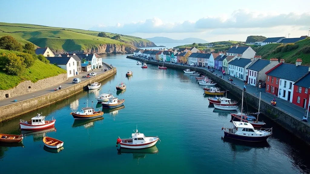 Aerial view of Dingle Harbour with colourful boats and coastal buildings