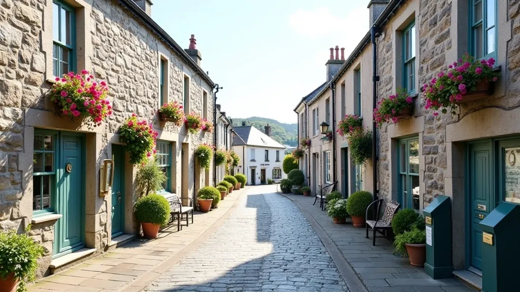 Charming Irish village street with traditional stone buildings and local cafe