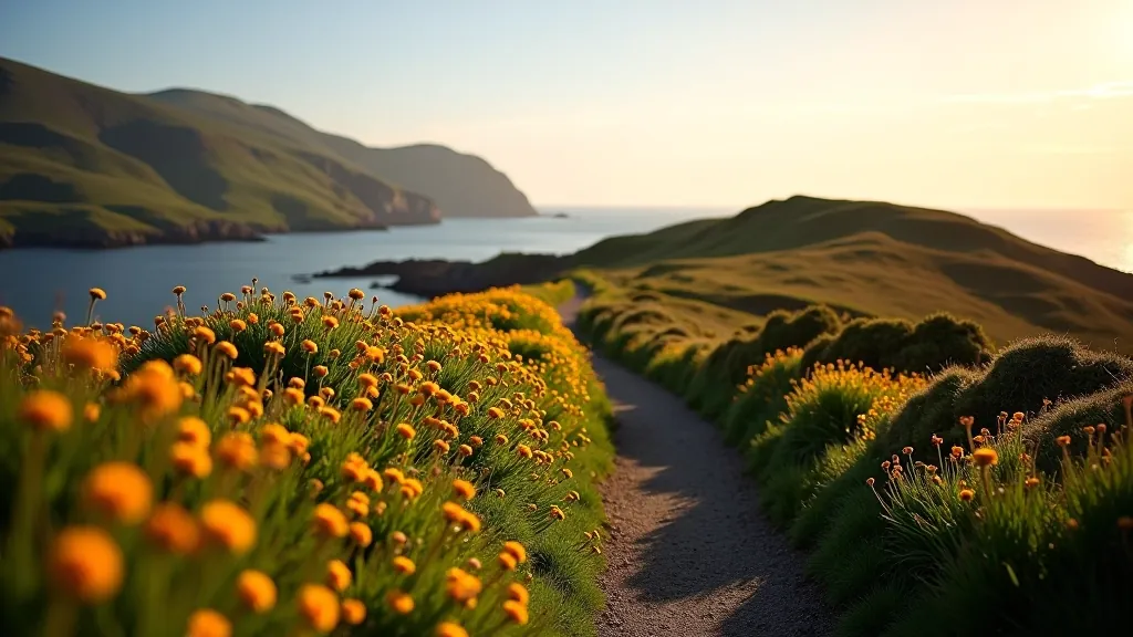Coastal cliff path at golden hour with spring wildflowers blooming, soft warm light, scenic Kerry landscape, clear skies