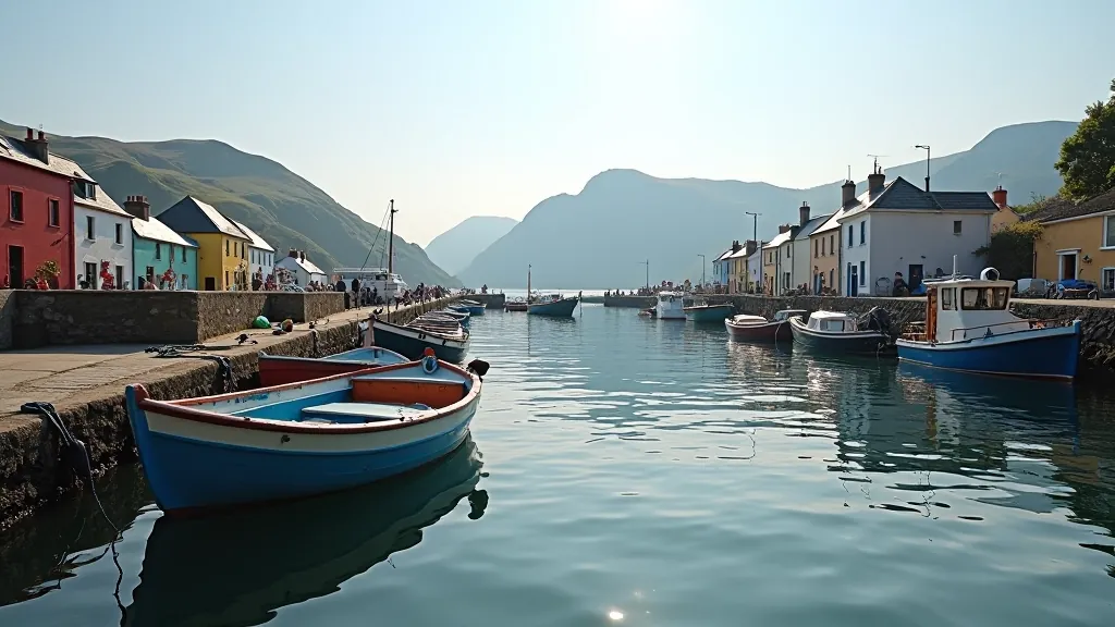 Dingle harbour waterfront with traditional fishing boats, colourful moored vessels, water reflections, peaceful coastal scenery