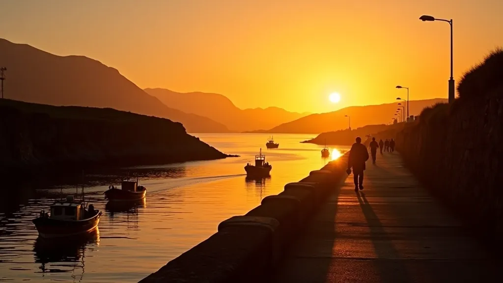 Dingle harbour sunset with golden light on water, walking path visible, peaceful evening, traditional boats silhouetted