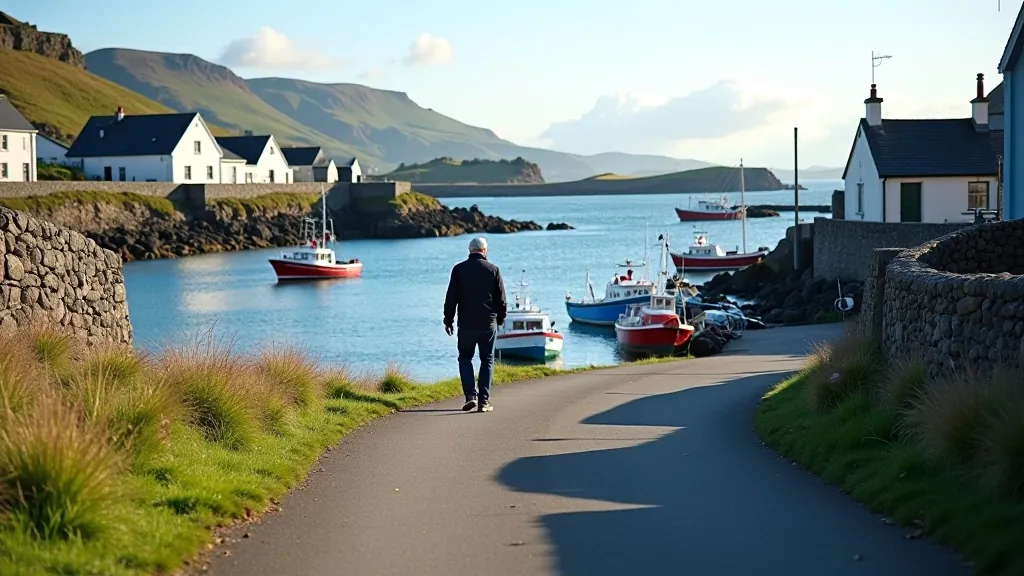 Waterfront path around Dingle Harbour with traditional fishing boats, blue water, rocky coastline, afternoon light, walking path clear and safe