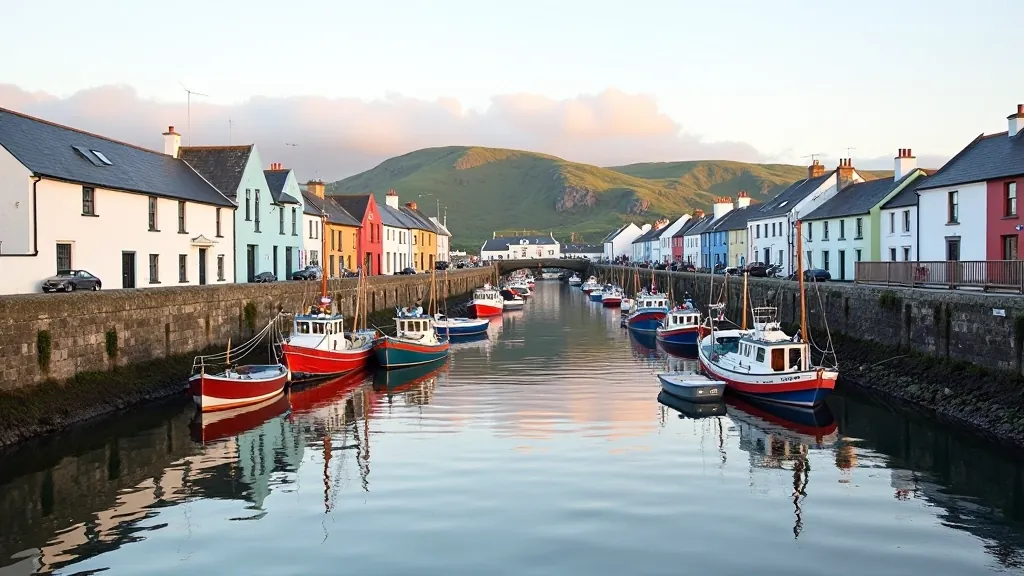 Dingle Harbour with colorful fishing boats and waterfront buildings