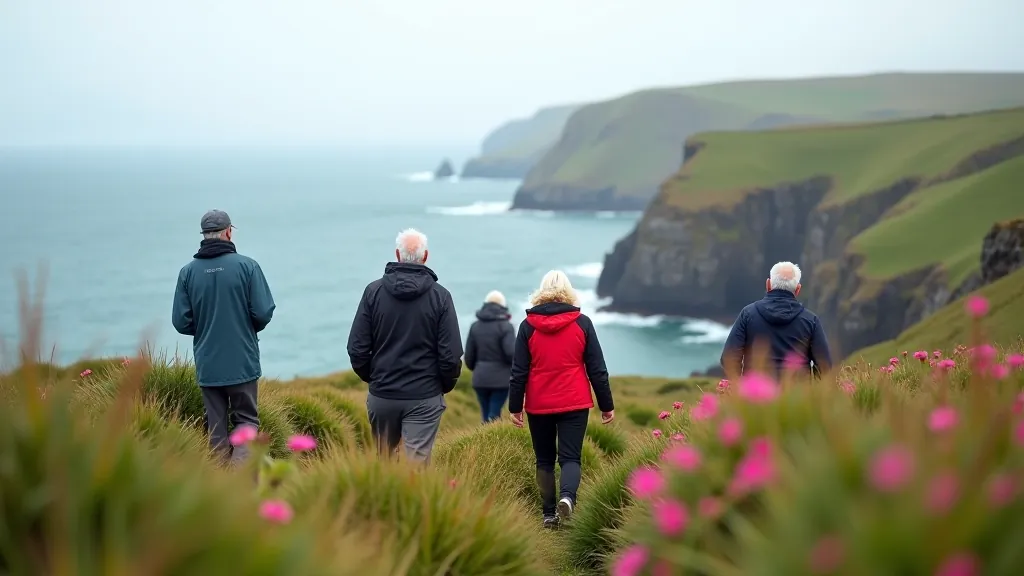 Group of older adults enjoying a coastal walk with scenic ocean backdrop