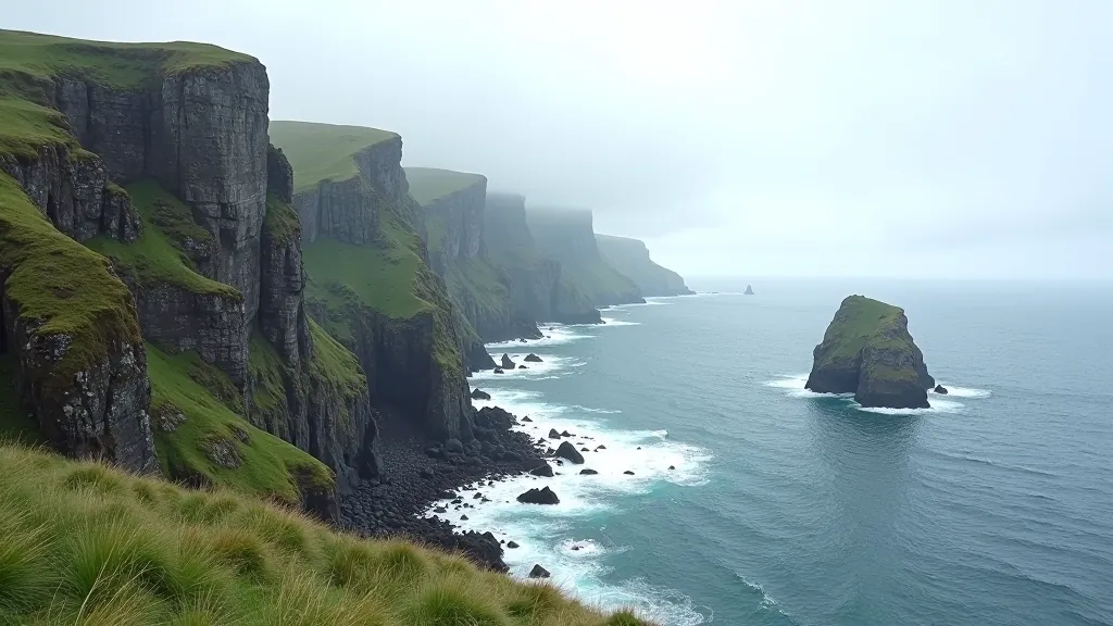 Steep coastal cliffs rising from rocky Atlantic shoreline, ancient stone oratory ruins, sea stacks and rock formations, misty Irish weather