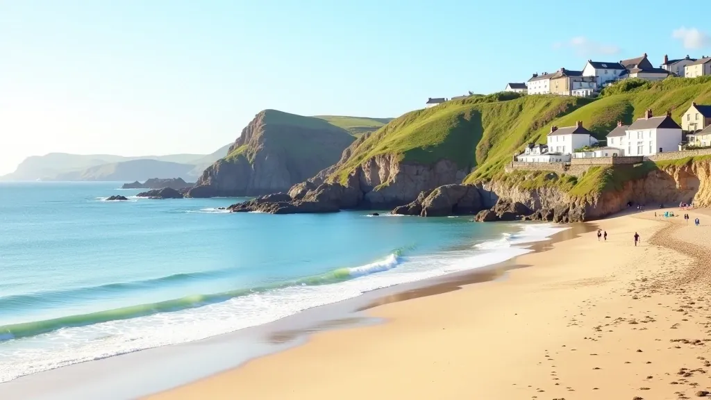 Wide sandy beach with dramatic coastal cliffs, turquoise Atlantic water, traditional stone village buildings, golden afternoon light