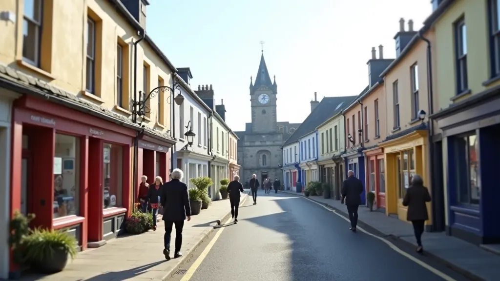 Dingle town Main Street during daytime with local shops, people walking, traditional Irish architecture, clock tower visible in distance