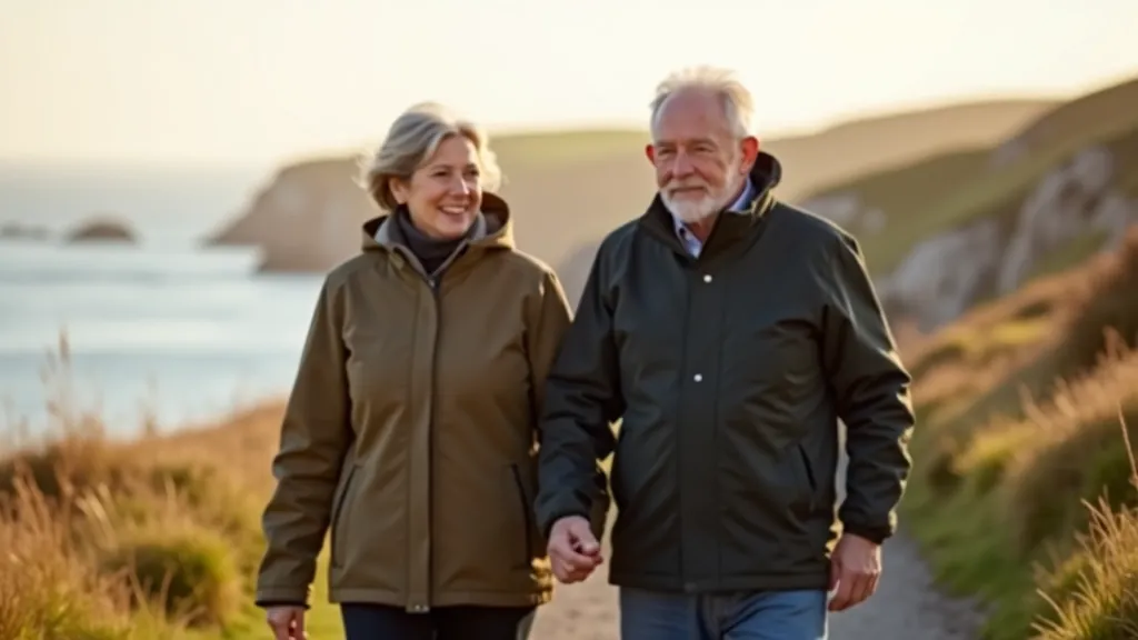 Mature couple walking together on coastal path, warm clothing, smiling, ocean cliffs behind, golden afternoon light, real people enjoying nature