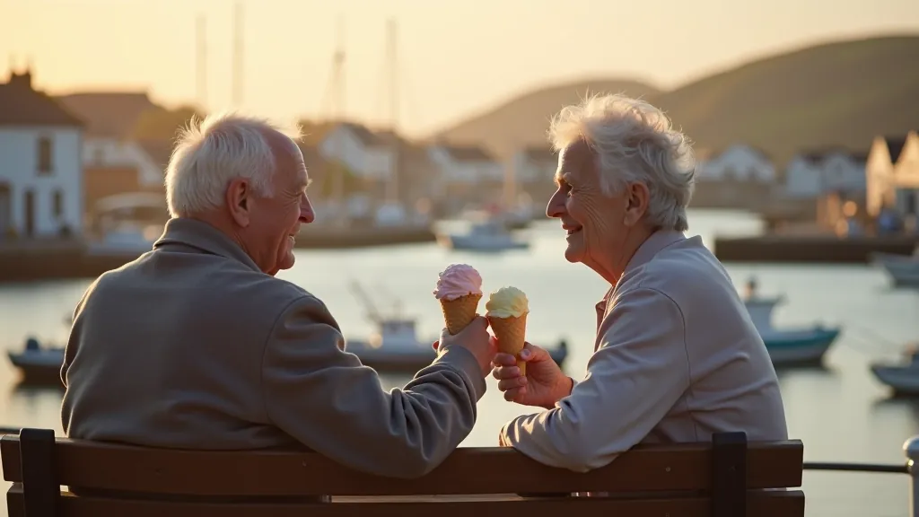 Retired couple sitting on waterfront bench overlooking Dingle harbour, relaxed pace, ice cream, scenic boats in background, peaceful moment