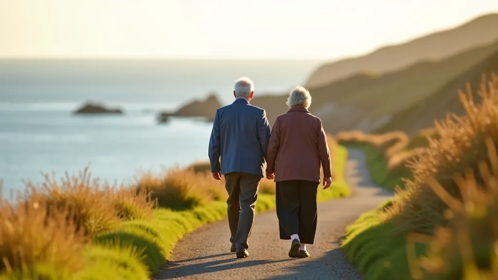 Retired couple walking hand in hand on coastal path near Dingle, sea breeze, scenic background, relaxed pace
