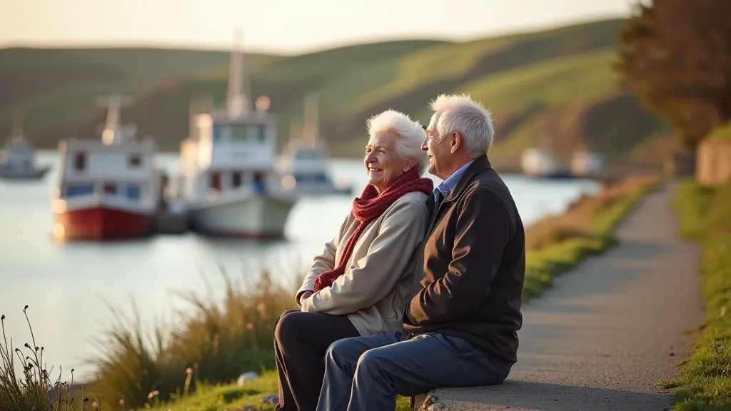 Older couple walking together along harbour path, holding hands, smiling, calm water and boats behind them, peaceful atmosphere, warm light