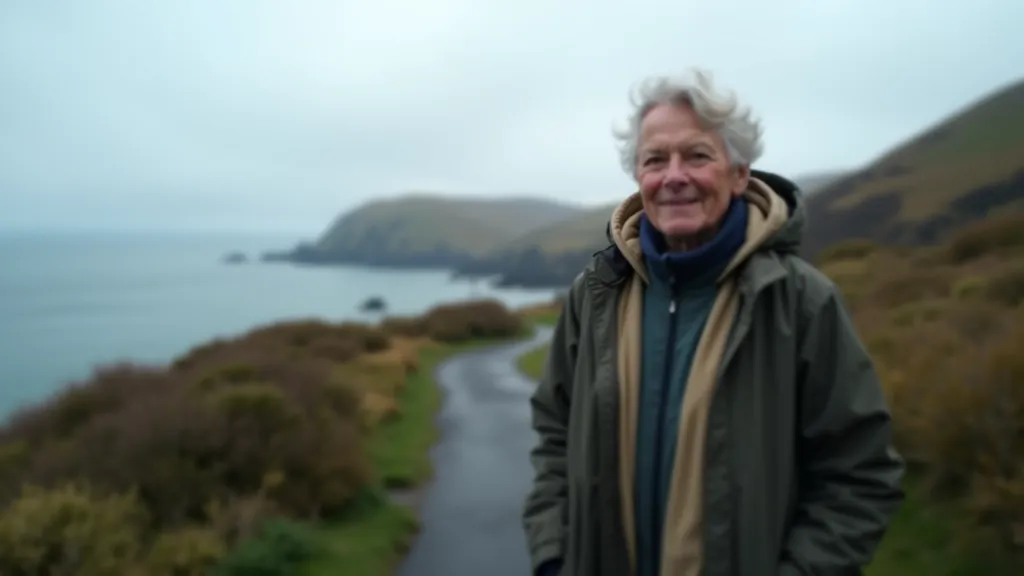 Person wearing waterproof jacket and layers on Irish coastal path, overcast sky, sea wind, prepared for changeable weather