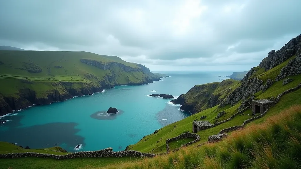Rocky Irish coastline with Blasket Islands visible across water, abandoned stone village ruins, steep grassy cliffs, Atlantic seascape, moody sky