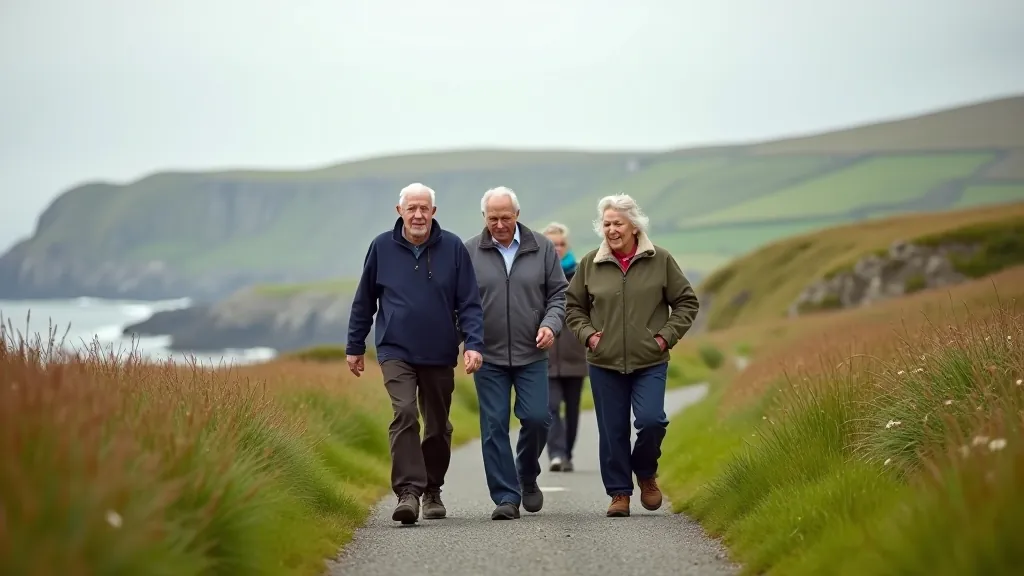 Group of retirees walking together on coastal path with sea view