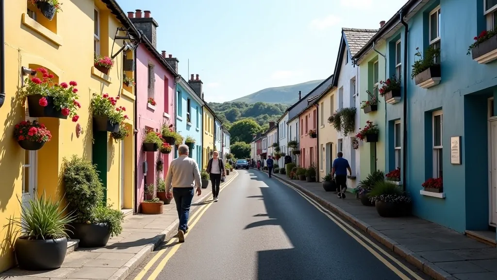 Traditional Dingle village street with colourful shop fronts, walkable town centre, cultural attractions