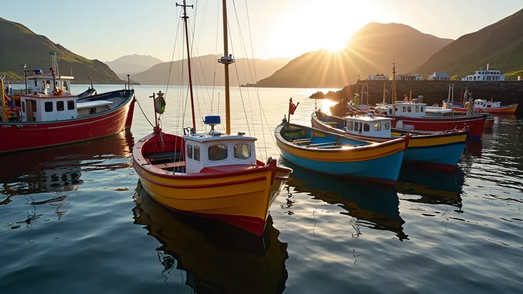 Traditional fishing boats in Dingle harbour, waterfront view, colourful vessels, peaceful setting
