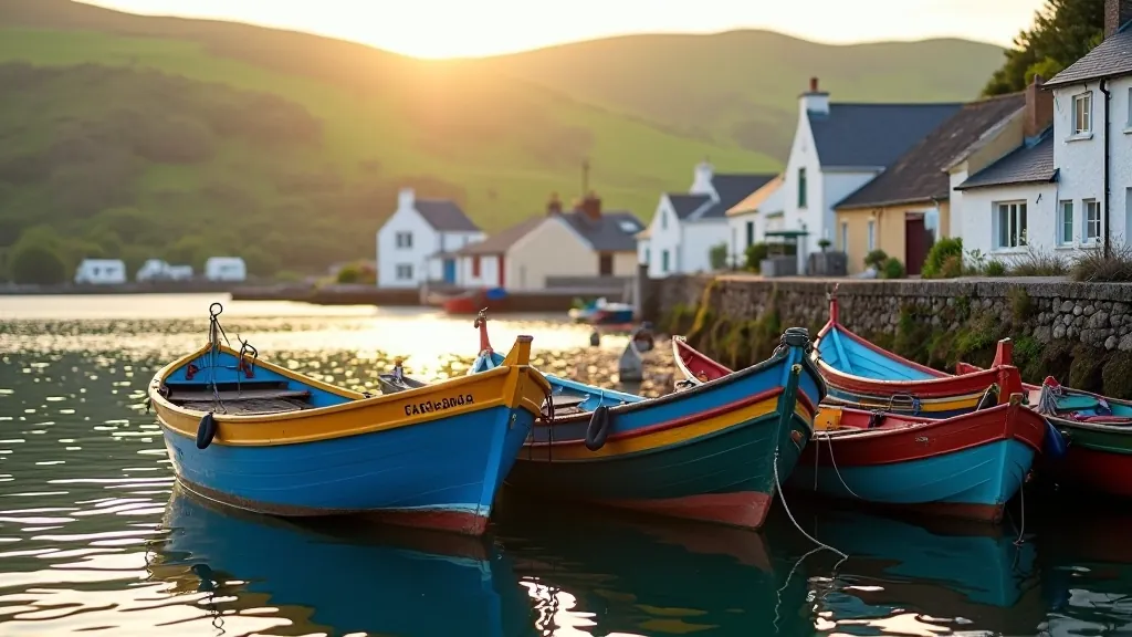 Colorful fishing boats moored in Irish harbour with green hills behind, golden hour lighting, clear water