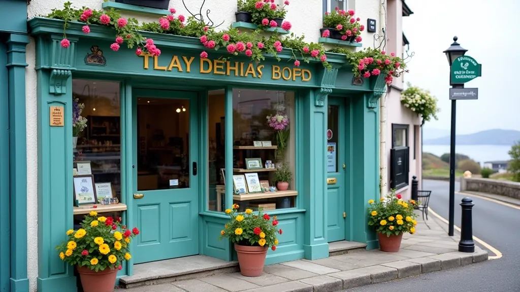 Close-up view of colourful painted shop fronts in Dingle with traditional Irish signage and flower baskets hanging above doorways, charming street detail