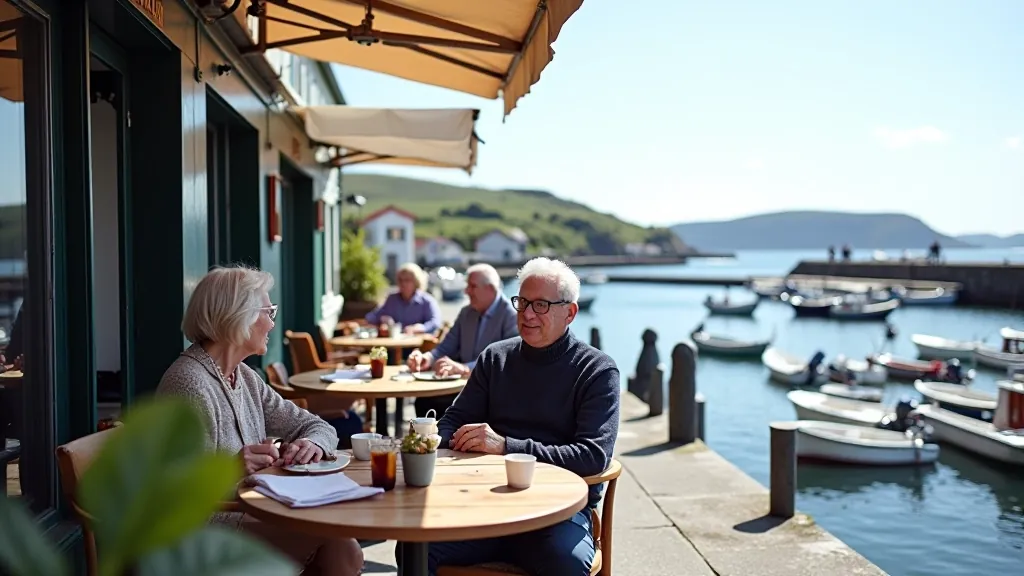 Waterfront café with tables overlooking Dingle harbour, tourists and locals relaxed, walking break, refreshments available